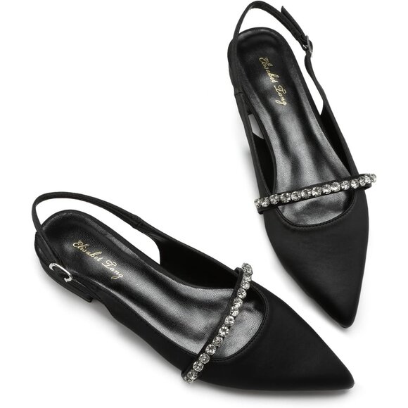 Women Black Satin Polyurethane (PU) Rhinestone Pointed Toe Slingback Flats Shoes - Picture 1 of 9
